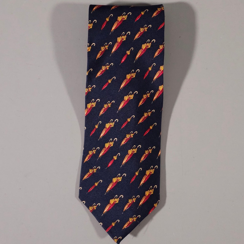 Longchamp Necktie Mens OS Navy Blue Silk Umbrella Pattern Made in Italy